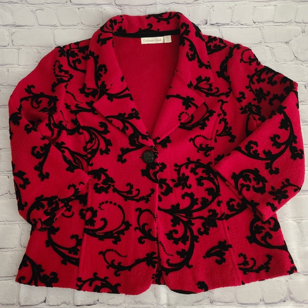 Coldwater Creek Embossed Wool Blazer Jacket Red Black Festive Med